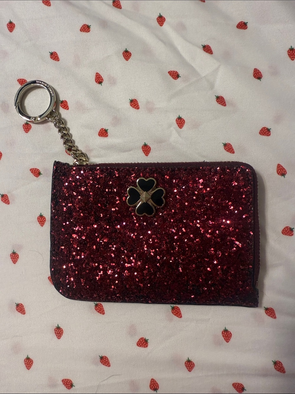 kate spade Red Glitter Card Holder Keyring with Clover Emblem
